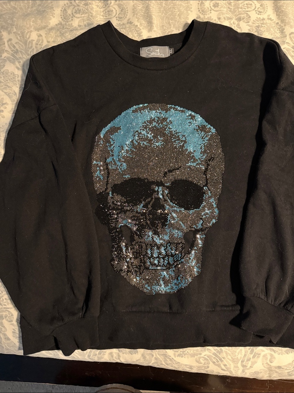 SMITH Black Crewneck Sweater with Blue Sequin Skull